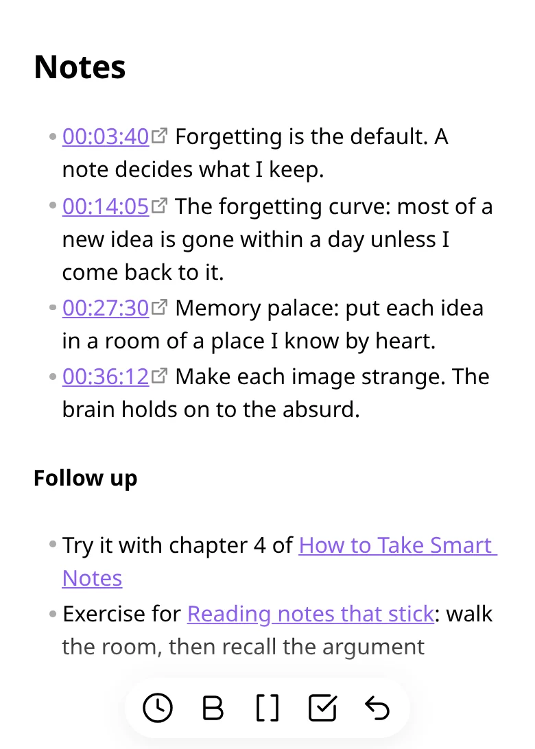 A note on a phone with four captured timestamp links and the editor toolbar, whose first button is the clock that captures a timestamp