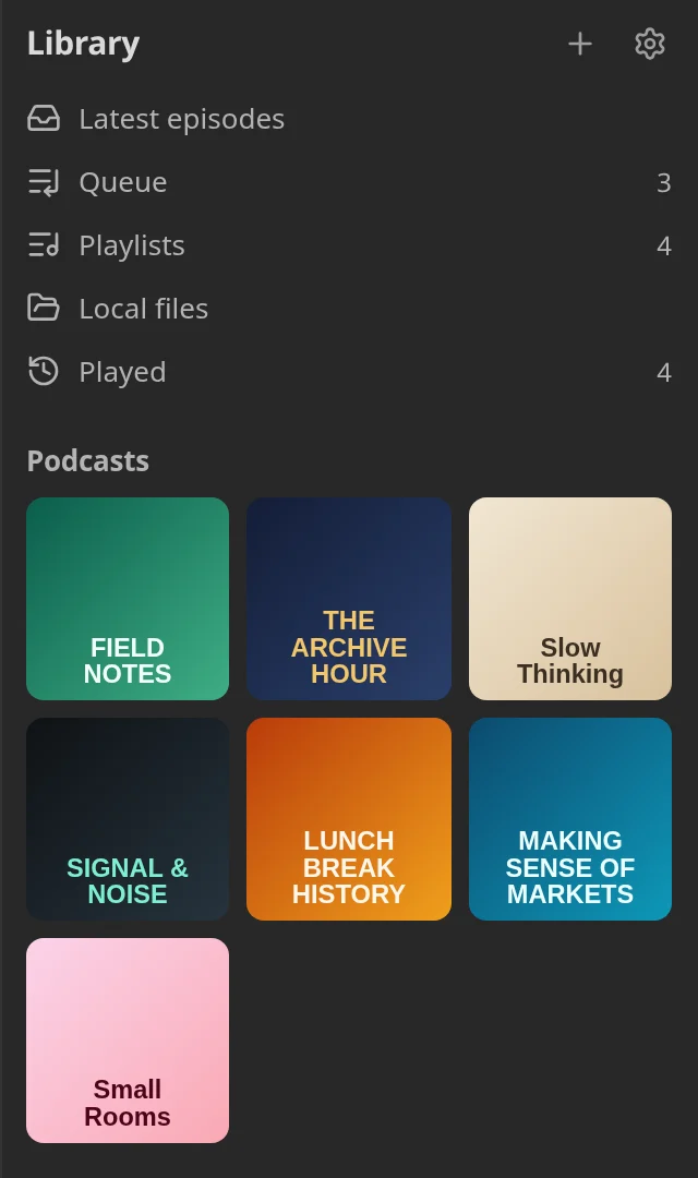The PodNotes Library in the sidebar, with the Latest episodes, Queue, Playlists, Local files, and Played rows above the artwork of seven podcasts